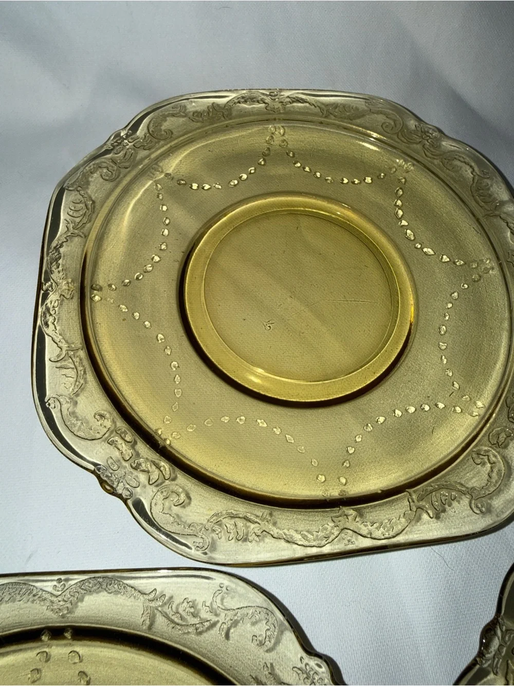 Vintage Amber Depression Glass Square Saucers Set of 3 Etched